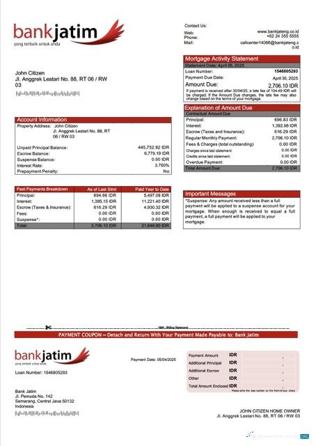 Download Indonesia Bank Jatim mortgage statement Word and PDF template Photoshop template